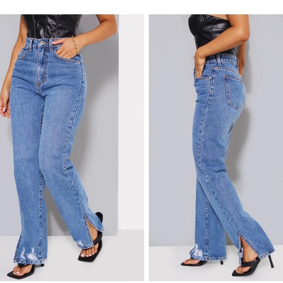 PETITE mid blue ripped split hem jeans - Picture 1 of 6